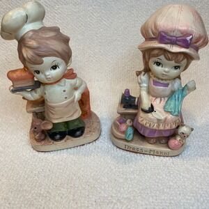 Vintage Boy Baker Girl Dressmaker Figurines with Mouse Cat Bakery Sewing